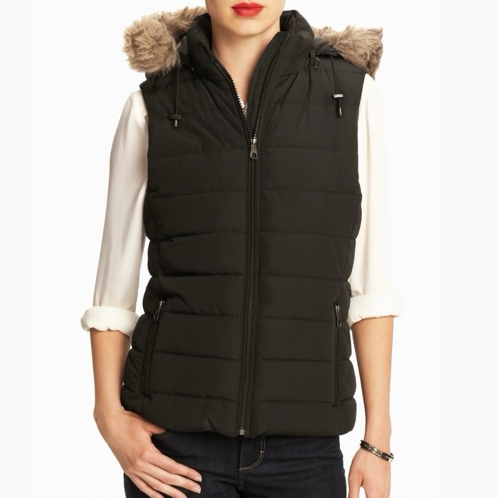 Banana Republic Black Puffer Vest Women's Size Small Faux Fur Hood Ski Outdoor